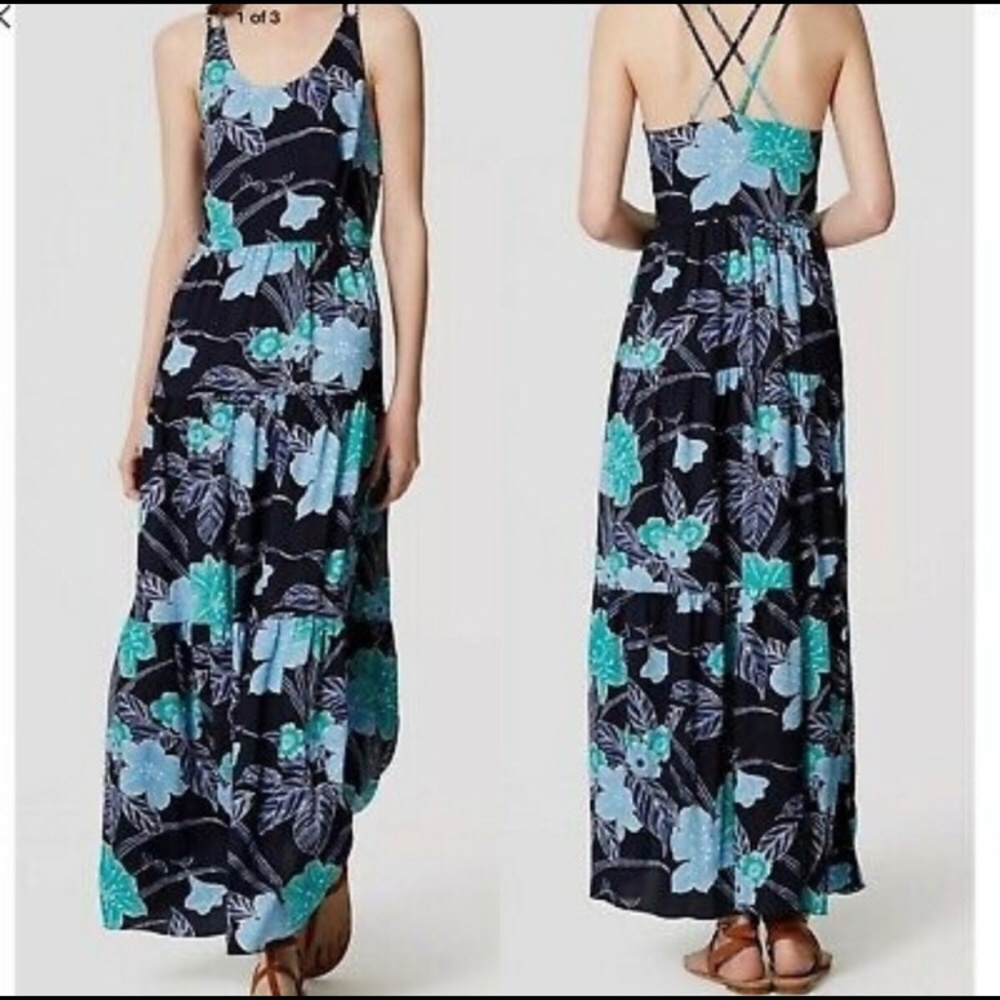 LOFT Size 8 Navy Blue Floral Tiered Maxi Dress